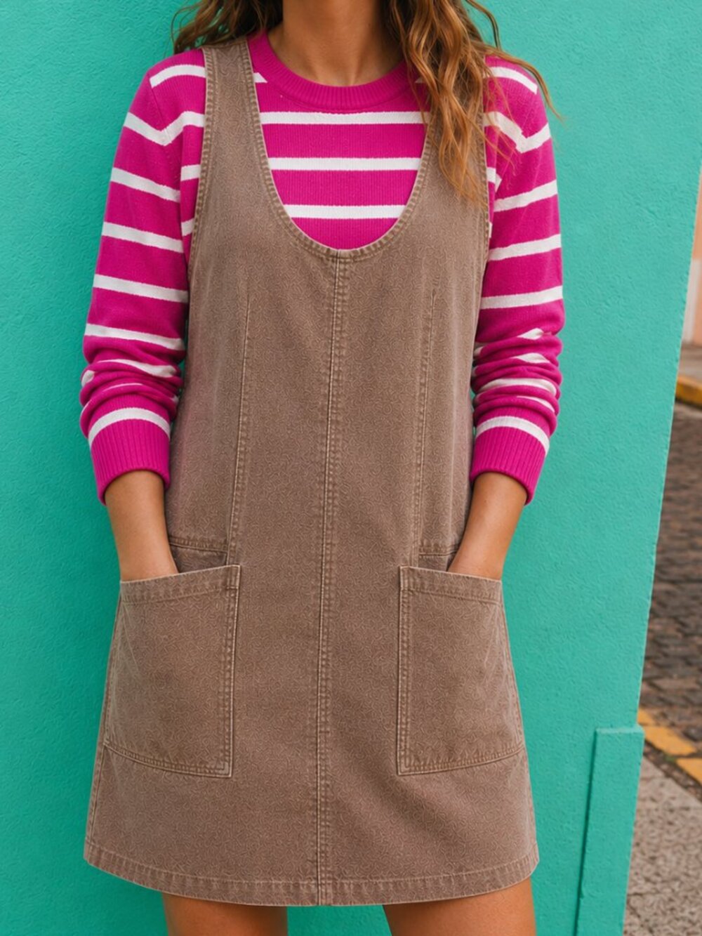 NWT 2-Piece SET: Patch pocket corduroy dress + Soft two-tone stripe sweater